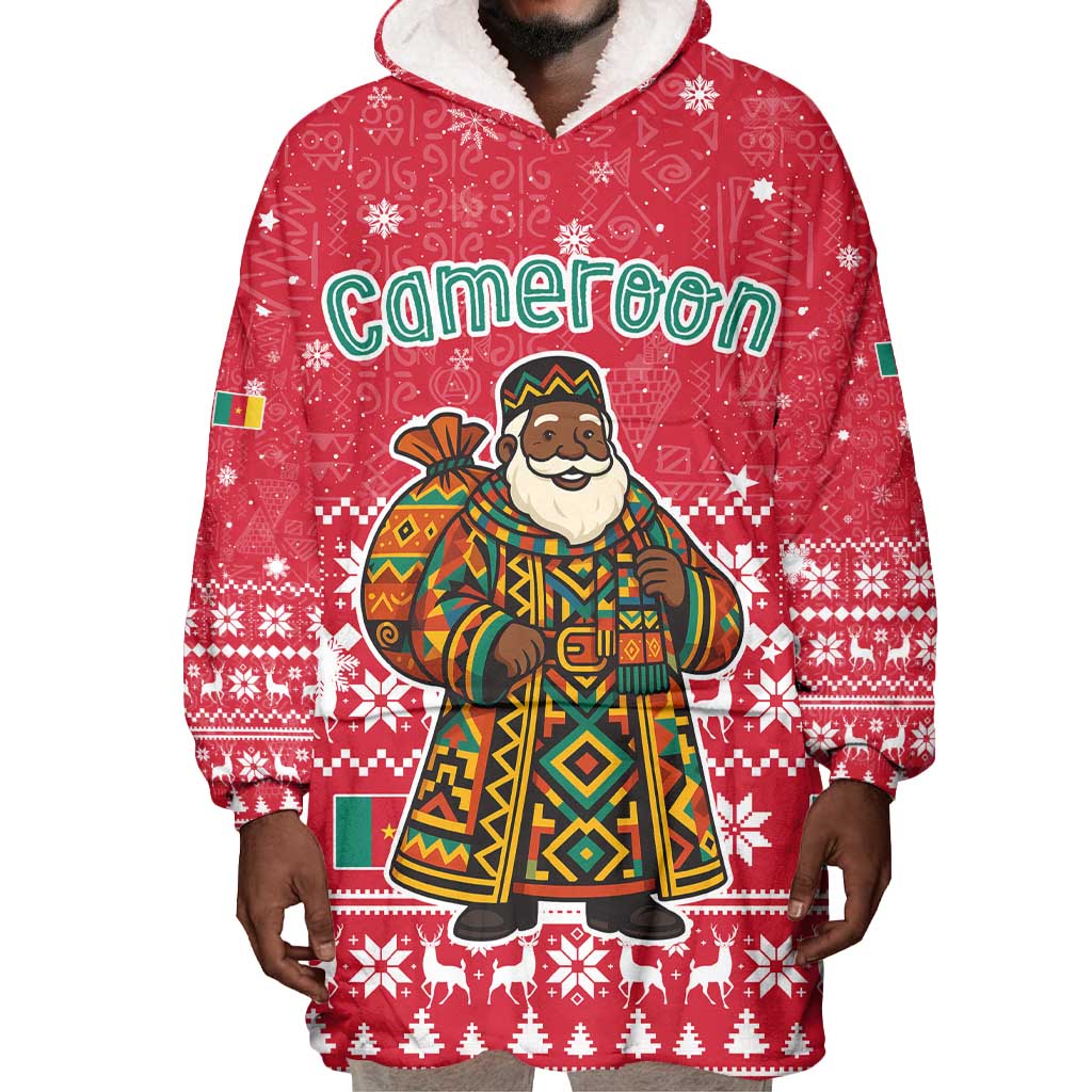 Cameroon Christmas Wearable Blanket Hoodie Snowflake Pattern Traditional Santa and Map Motif - African Pride