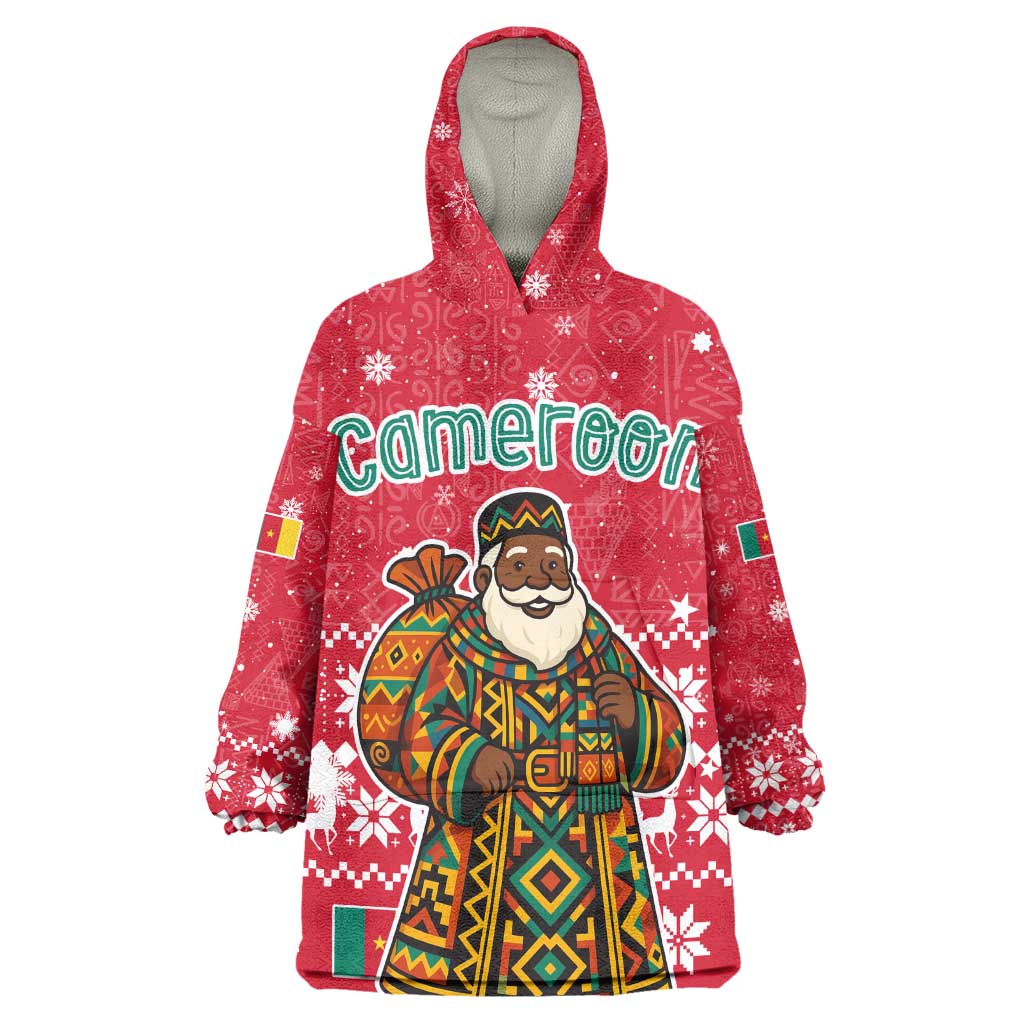 Cameroon Christmas Wearable Blanket Hoodie Snowflake Pattern Traditional Santa and Map Motif - African Pride
