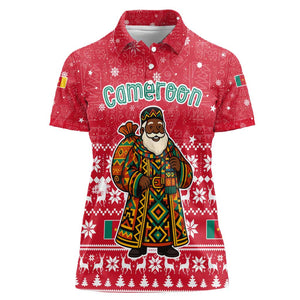 Cameroon Christmas Women Polo Shirt Snowflake Pattern Traditional Santa and Map Motif - African Pride