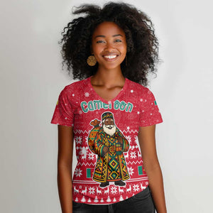Cameroon Christmas Women V-Neck T-Shirt Snowflake Pattern Traditional Santa and Map Motif - African Pride