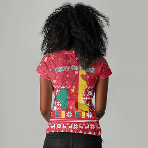 Cameroon Christmas Women V-Neck T-Shirt Snowflake Pattern Traditional Santa and Map Motif - African Pride