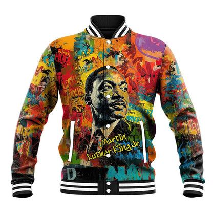 Martin Luther King Jr Baseball Jacket Colorful Street Art Portrait Black History Graffiti Style - African Pride