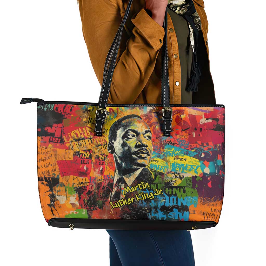 Martin Luther King Jr Leather Tote Bag Colorful Street Art Portrait Black History Graffiti Style - African Pride