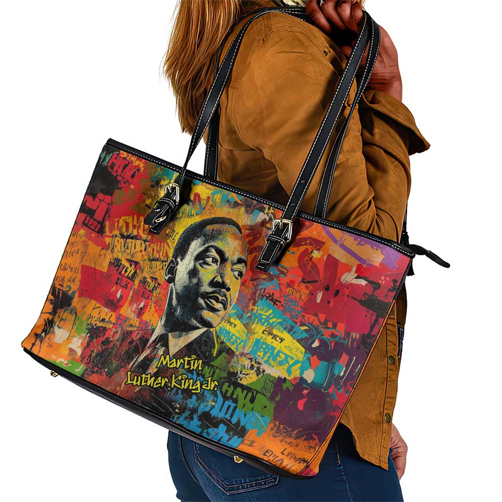Martin Luther King Jr Leather Tote Bag Colorful Street Art Portrait Black History Graffiti Style - African Pride