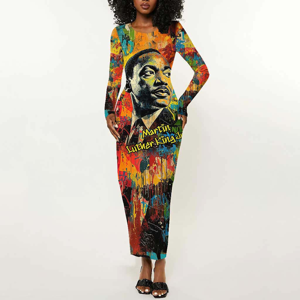 Martin Luther King Jr Long Sleeve Bodycon Dress Colorful Street Art Portrait Black History Graffiti Style - African Pride