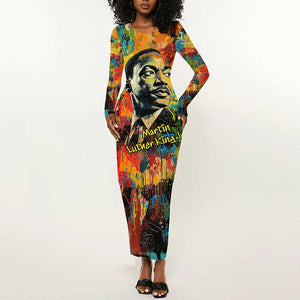 Martin Luther King Jr Long Sleeve Bodycon Dress Colorful Street Art Portrait Black History Graffiti Style - African Pride
