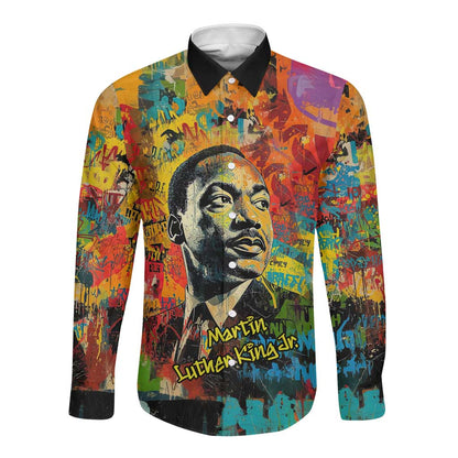 Martin Luther King Jr Long Sleeve Button Shirt Colorful Street Art Portrait Black History Graffiti Style - African Pride