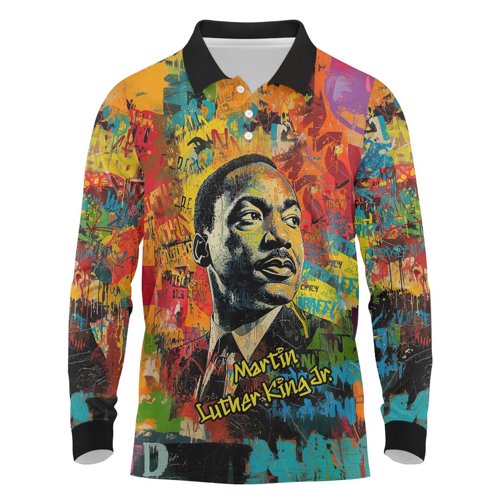 Martin Luther King Jr Long Sleeve Polo Shirt Colorful Street Art Portrait Black History Graffiti Style - African Pride