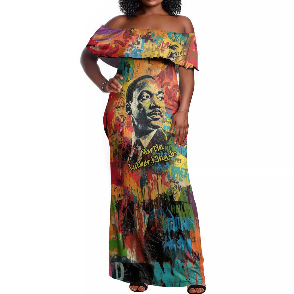 Martin Luther King Jr Off Shoulder Maxi Dress Colorful Street Art Portrait Black History Graffiti Style - African Pride