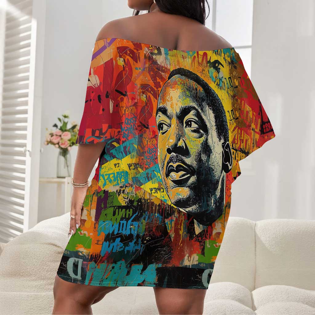 Martin Luther King Jr Off Shoulder Short Dress Colorful Street Art Portrait Black History Graffiti Style - African Pride