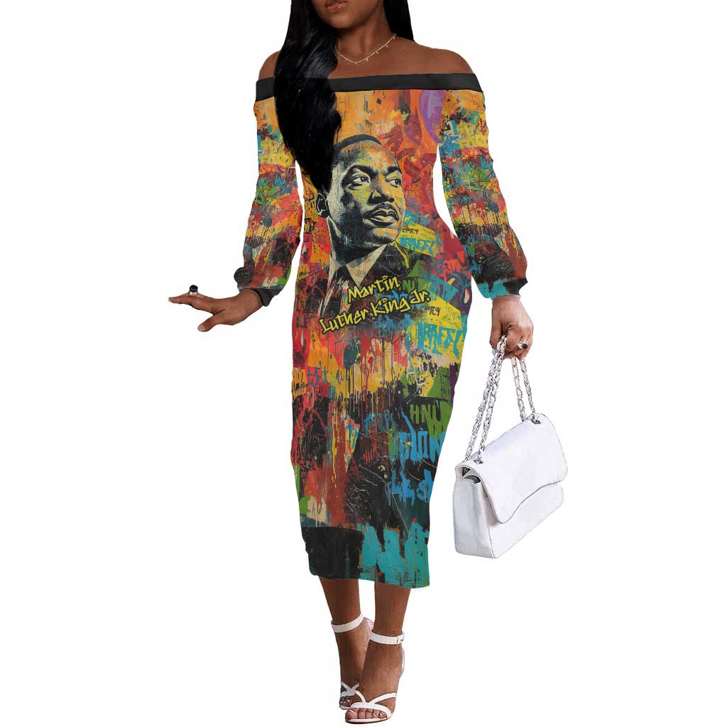 Martin Luther King Jr Off The Shoulder Long Sleeve Dress Colorful Street Art Portrait Black History Graffiti Style - African Pride