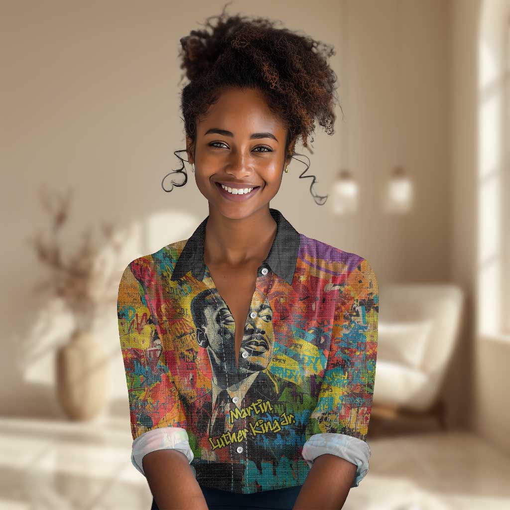 Martin Luther King Jr Women Casual Shirt Colorful Street Art Portrait Black History Graffiti Style - African Pride