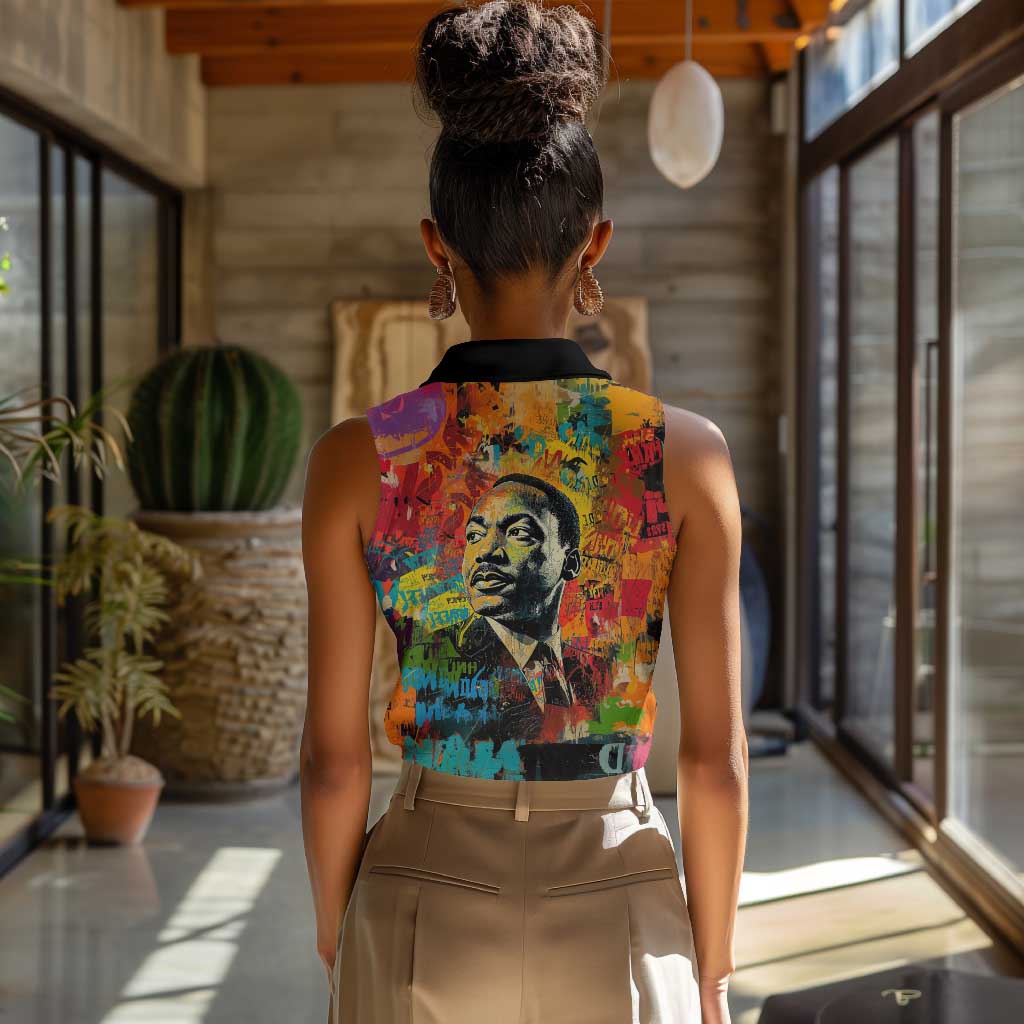 Martin Luther King Jr Women Sleeveless Polo Shirt Colorful Street Art Portrait Black History Graffiti Style - African Pride