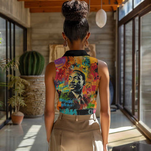 Martin Luther King Jr Women Sleeveless Polo Shirt Colorful Street Art Portrait Black History Graffiti Style - African Pride