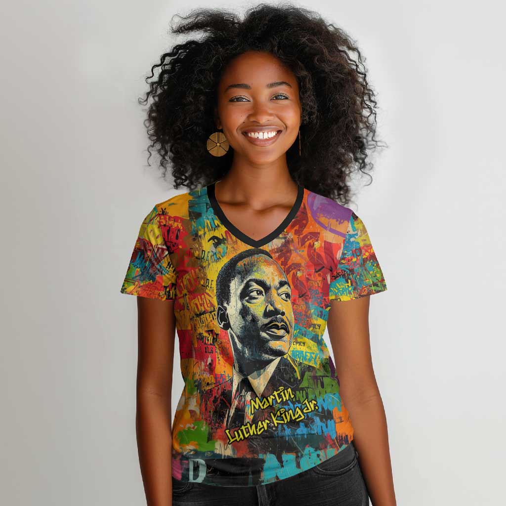 Martin Luther King Jr Women V-Neck T-Shirt Colorful Street Art Portrait Black History Graffiti Style TS04