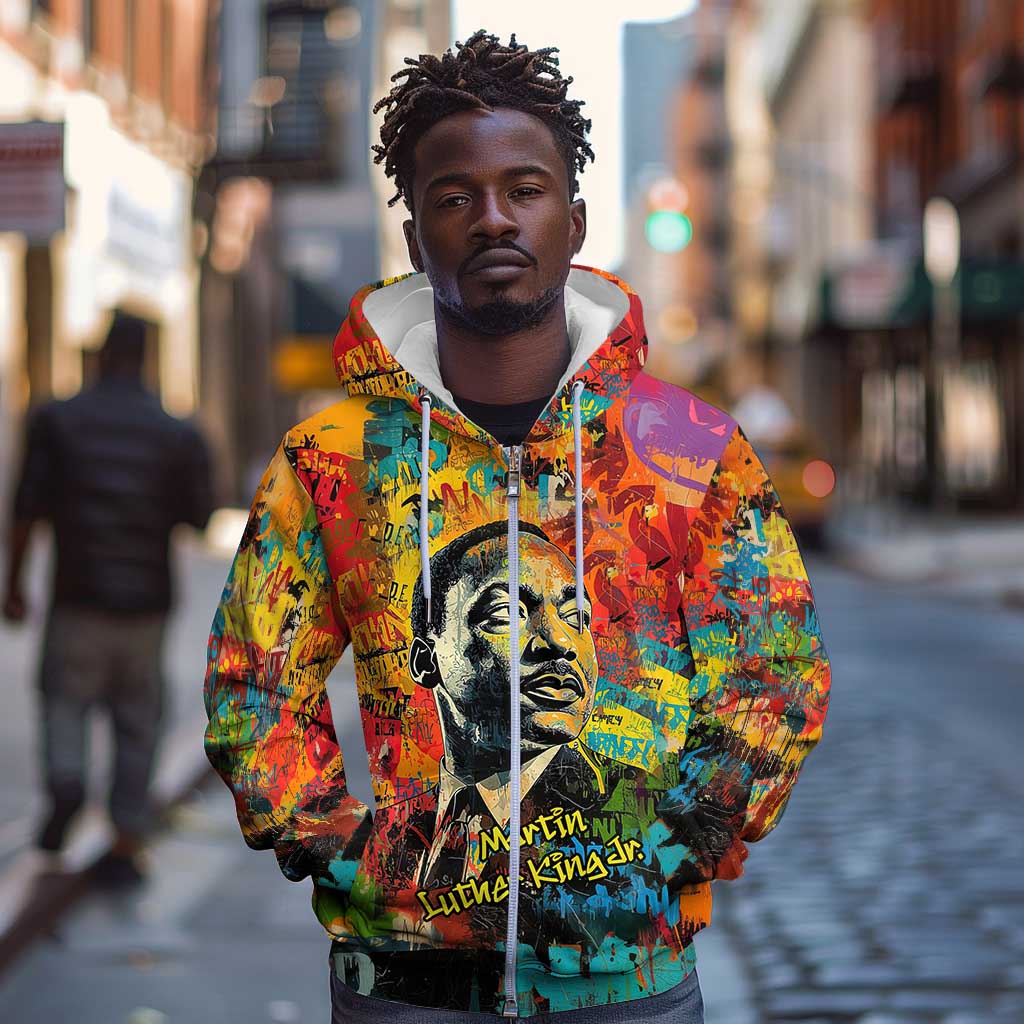 Martin Luther King Jr Zip Hoodie Colorful Street Art Portrait Black History Graffiti Style - African Pride
