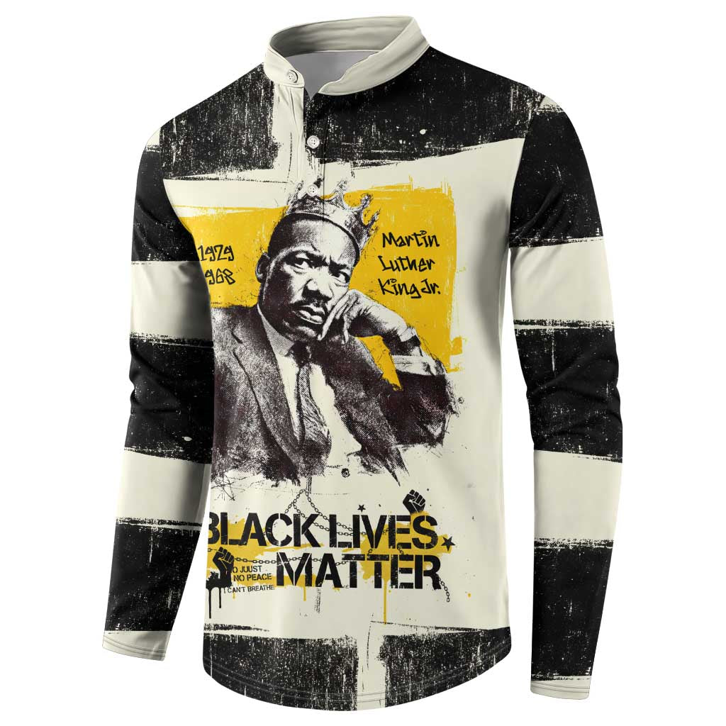 Martin Luther King Jr Button Sweatshirt Black Lives Matter Street Art Portrait Civil Rights Tribute Bold Striped