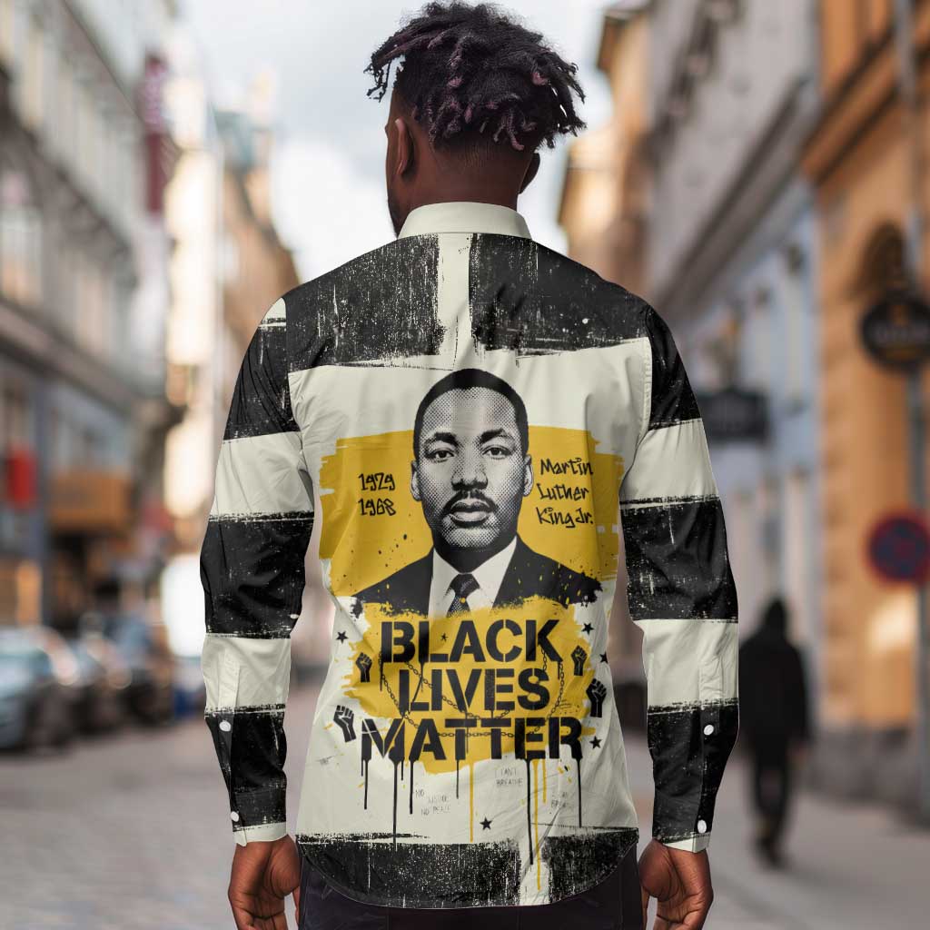 Martin Luther King Jr Long Sleeve Button Shirt Black Lives Matter Street Art Portrait Civil Rights Tribute Bold Striped - African Pride