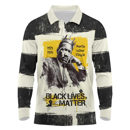 Martin Luther King Jr Long Sleeve Polo Shirt Black Lives Matter Street Art Portrait Civil Rights Tribute Bold Striped - African Pride
