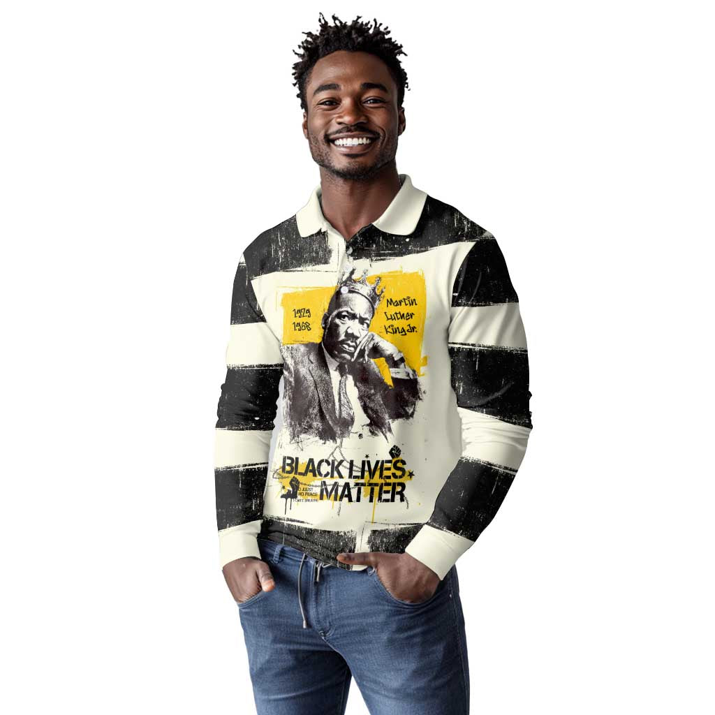 Martin Luther King Jr Long Sleeve Polo Shirt Black Lives Matter Street Art Portrait Civil Rights Tribute Bold Striped - African Pride