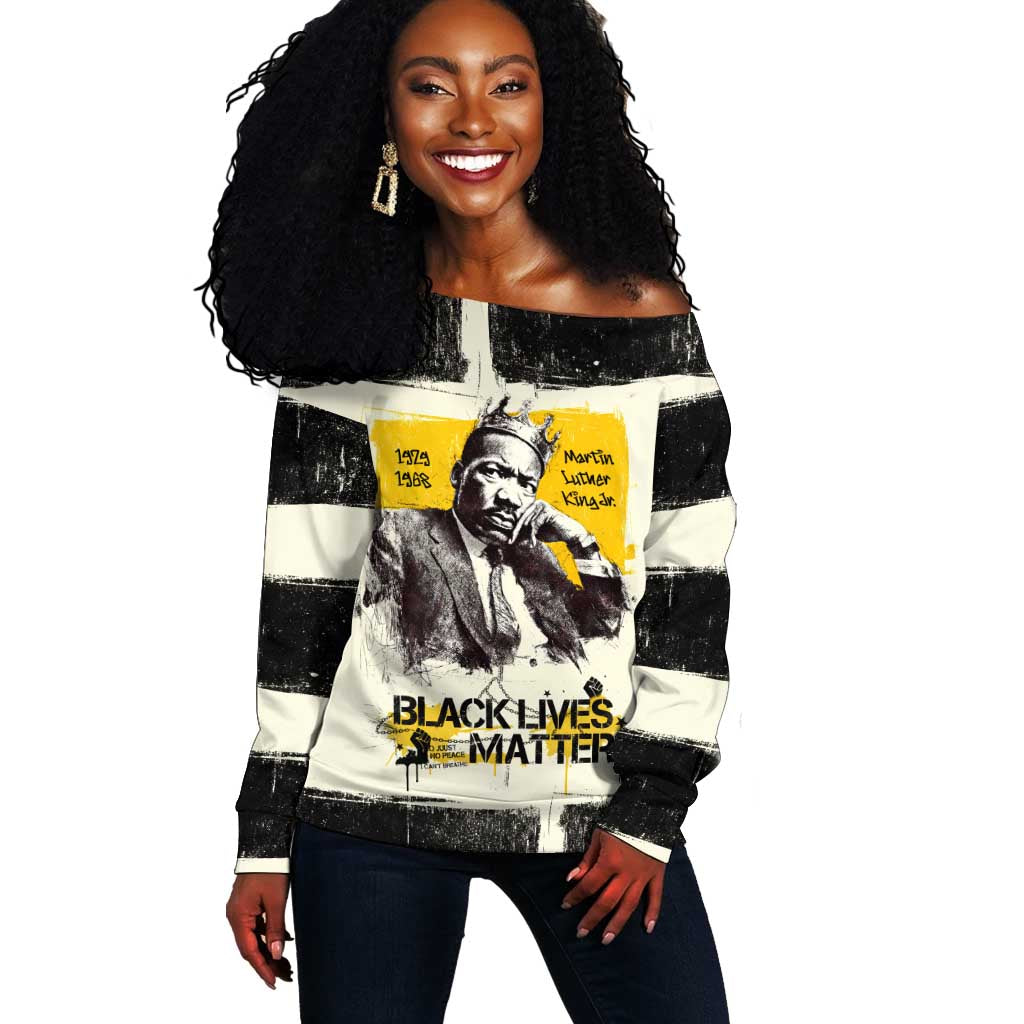 Martin Luther King Jr Off Shoulder Sweater Black Lives Matter Street Art Portrait Civil Rights Tribute Bold Striped - African Pride
