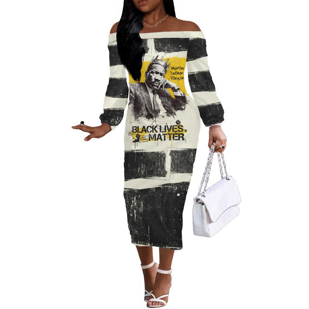 Martin Luther King Jr Off The Shoulder Long Sleeve Dress Black Lives Matter Street Art Portrait Civil Rights Tribute Bold Striped - African Pride