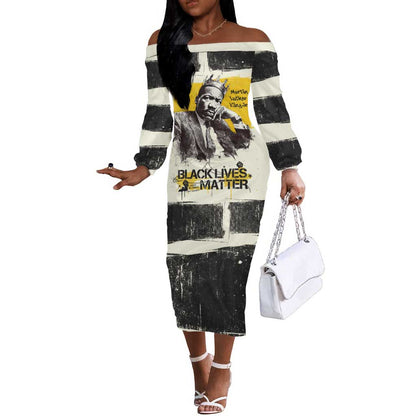 Martin Luther King Jr Off The Shoulder Long Sleeve Dress Black Lives Matter Street Art Portrait Civil Rights Tribute Bold Striped - African Pride