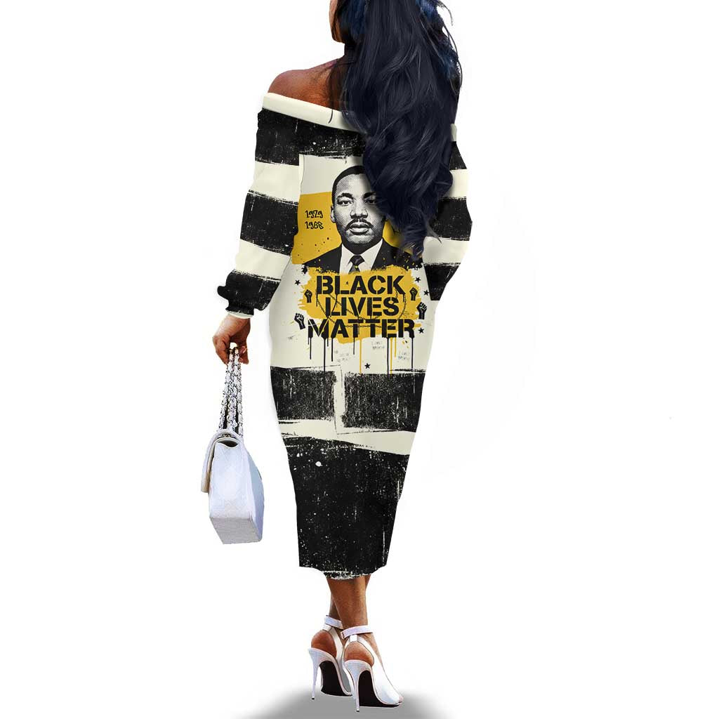 Martin Luther King Jr Off The Shoulder Long Sleeve Dress Black Lives Matter Street Art Portrait Civil Rights Tribute Bold Striped - African Pride