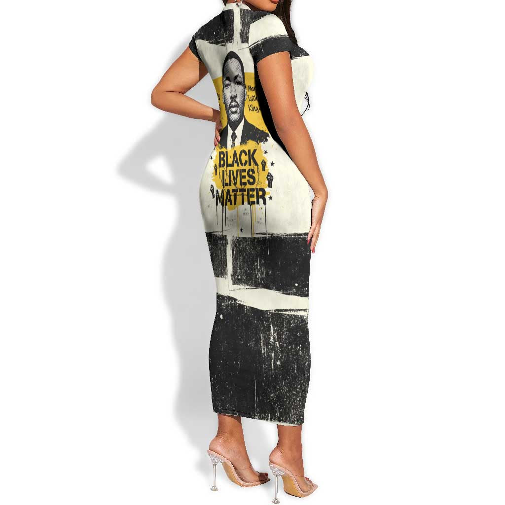 Martin Luther King Jr Short Sleeve Bodycon Dress Black Lives Matter Street Art Portrait Civil Rights Tribute Bold Striped TS04