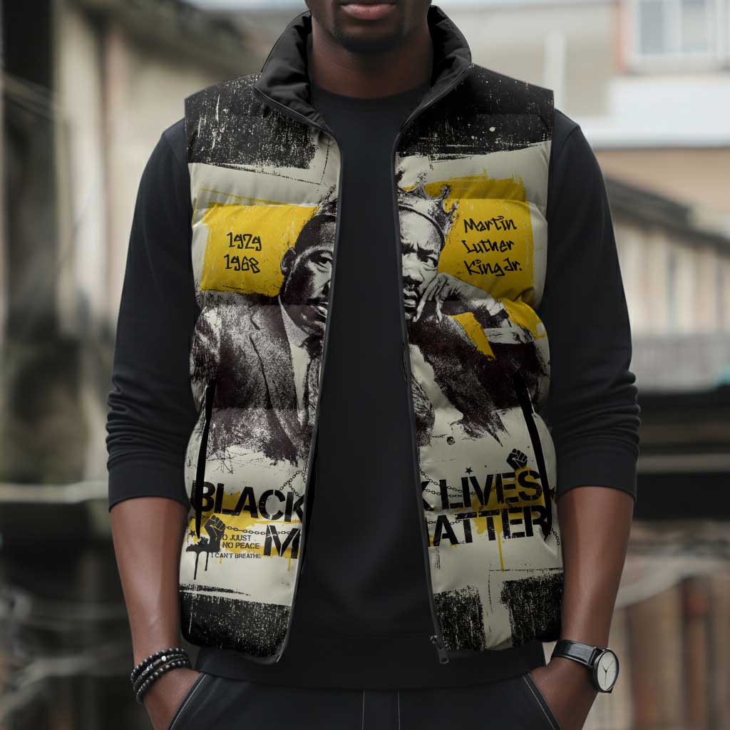 Martin Luther King Jr Sleeveless Puffer Jacket Black Lives Matter Street Art Portrait Civil Rights Tribute Bold Striped - African Pride
