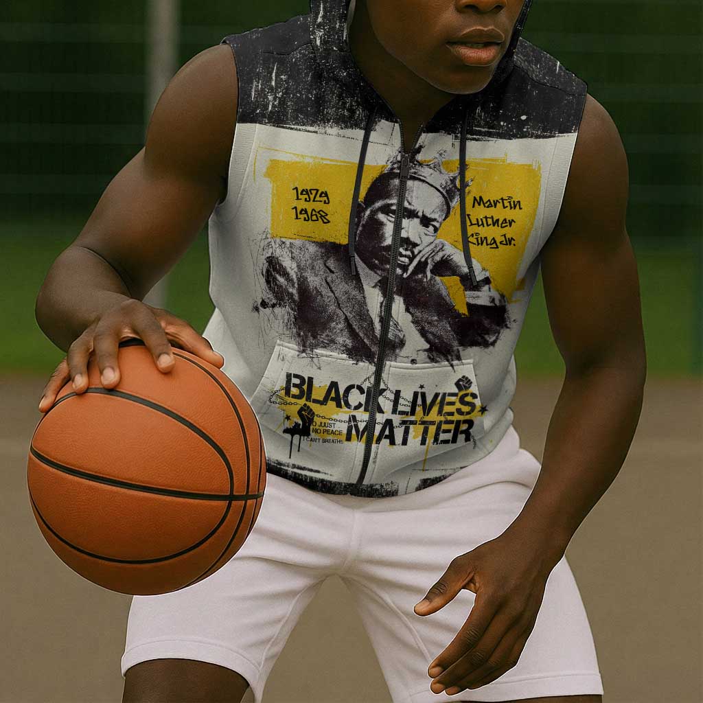 Martin Luther King Jr Sleeveless Zip Hoodie Black Lives Matter Street Art Portrait Civil Rights Tribute Bold Striped - African Pride