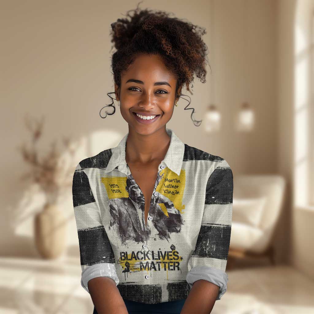 Martin Luther King Jr Women Casual Shirt Black Lives Matter Street Art Portrait Civil Rights Tribute Bold Striped - African Pride