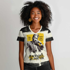 Martin Luther King Jr Women V-Neck T-Shirt Black Lives Matter Street Art Portrait Civil Rights Tribute Bold Striped TS04