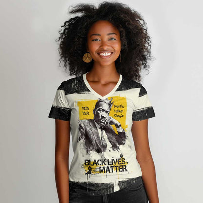 Martin Luther King Jr Women V-Neck T-Shirt Black Lives Matter Street Art Portrait Civil Rights Tribute Bold Striped TS04