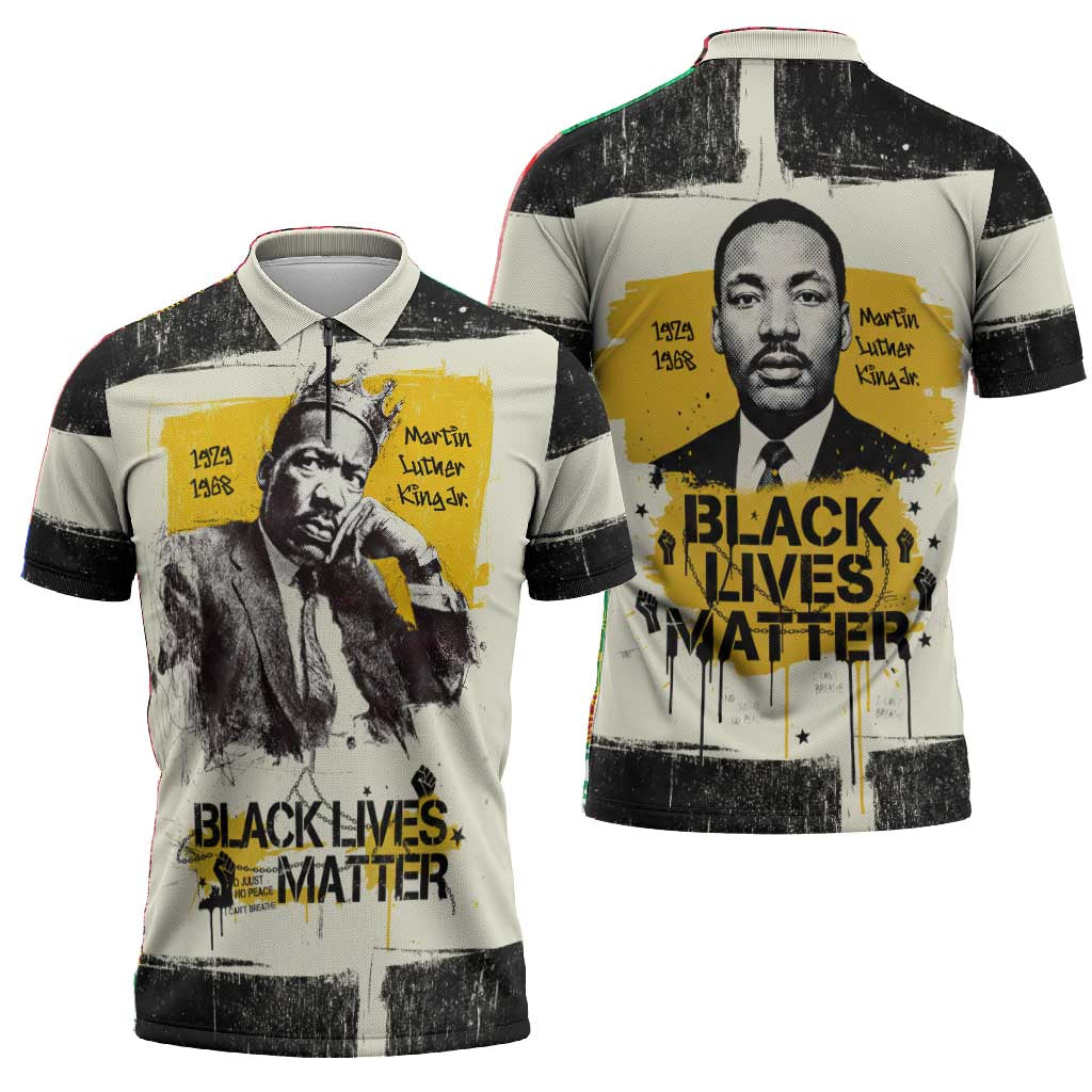 Martin Luther King Jr Zipper Polo Shirt Black Lives Matter Street Art Portrait Civil Rights Tribute Bold Striped - African Pride