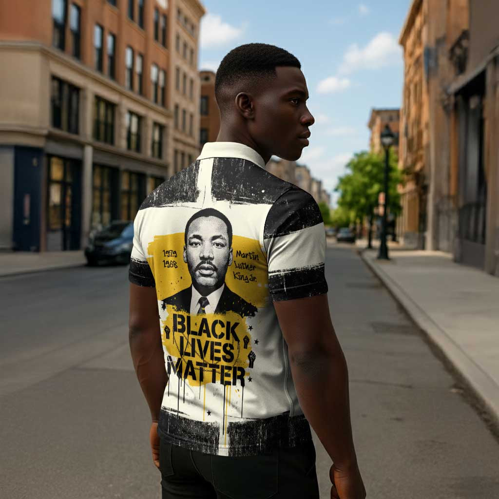 Martin Luther King Jr Zipper Polo Shirt Black Lives Matter Street Art Portrait Civil Rights Tribute Bold Striped - African Pride