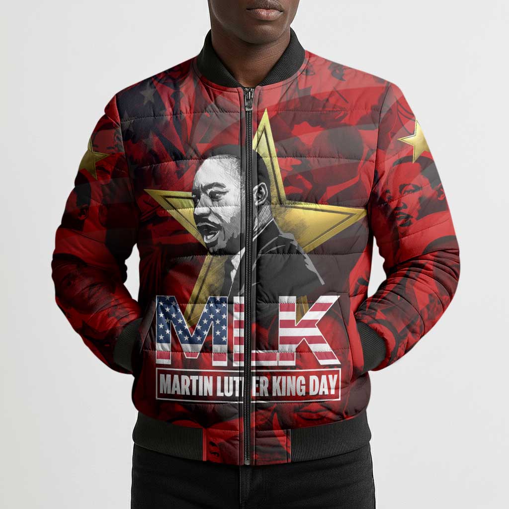 MLK Day Bomber Puffer Jacket Martin Luther King Jr Tribute American Flag Lettering - African Pride
