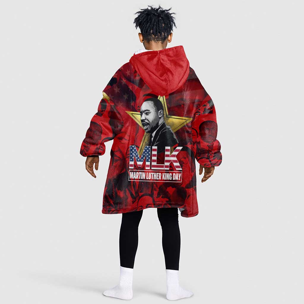 MLK Day Kid Wearable Blanket Hoodie Martin Luther King Jr Tribute American Flag Lettering - African Pride