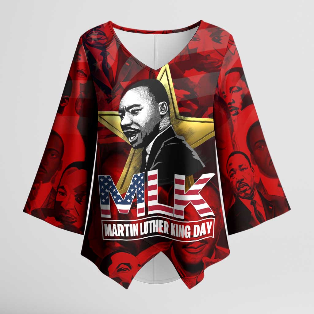 MLK Day Kimono Sleeve Blouse Martin Luther King Jr Tribute American Flag Lettering - African Pride