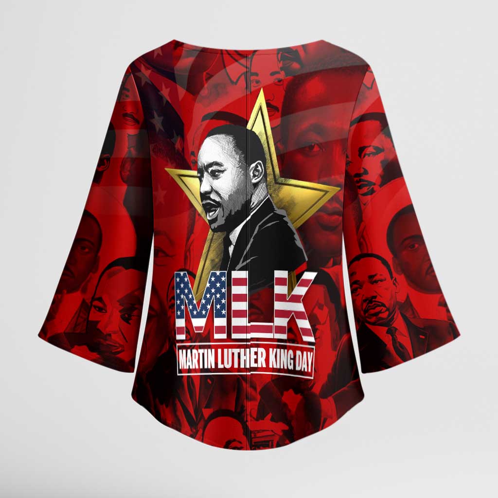 MLK Day Kimono Sleeve Blouse Martin Luther King Jr Tribute American Flag Lettering - African Pride