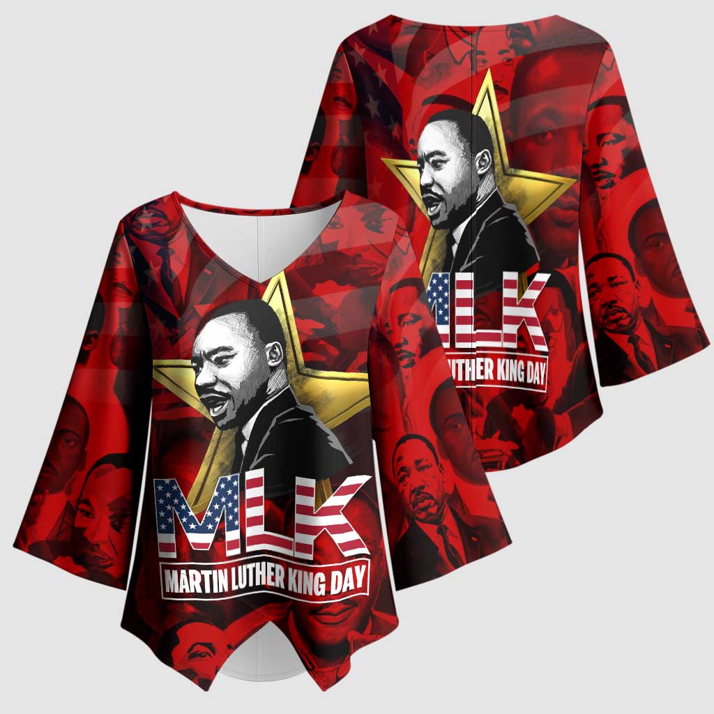 MLK Day Kimono Sleeve Blouse Martin Luther King Jr Tribute American Flag Lettering - African Pride