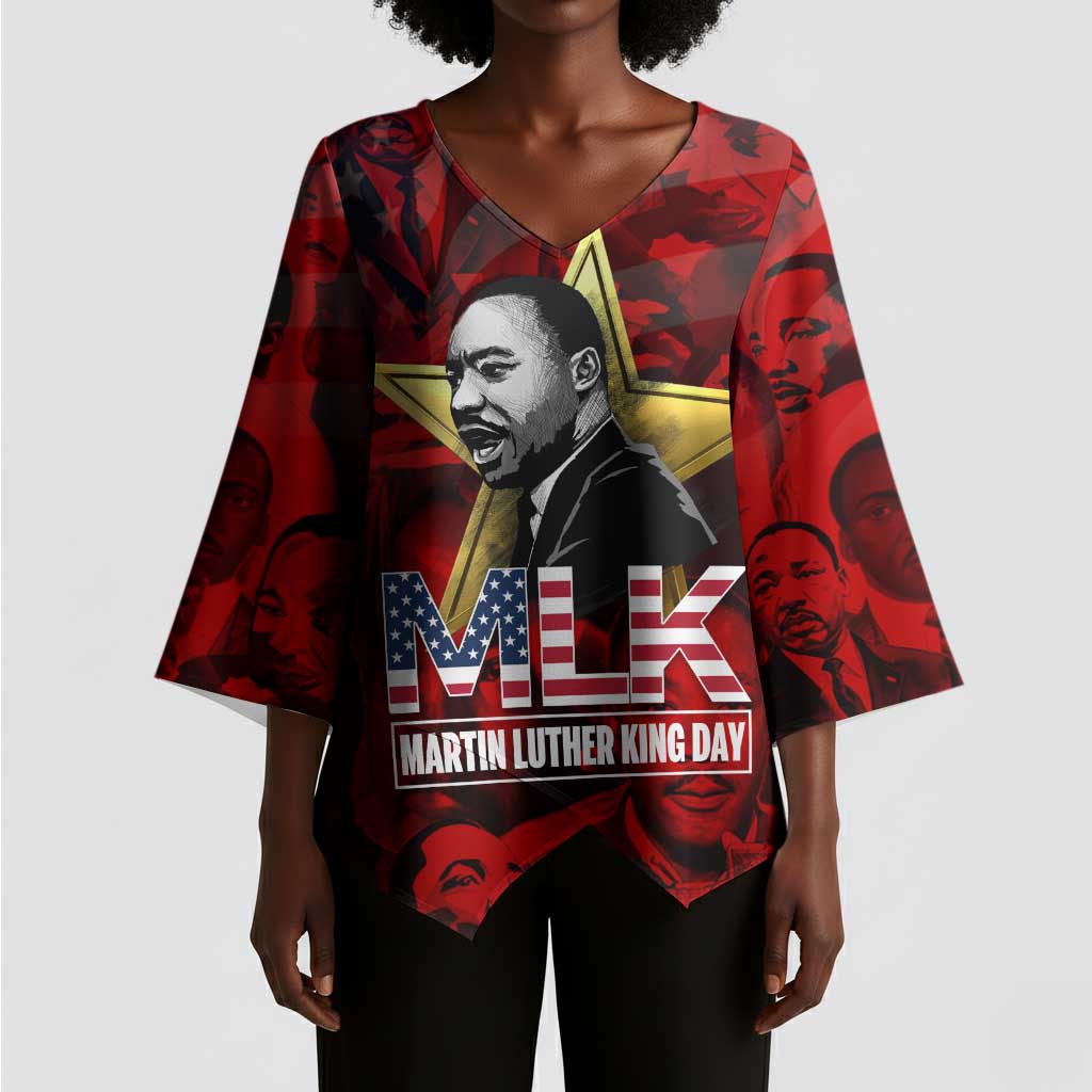MLK Day Kimono Sleeve Blouse Martin Luther King Jr Tribute American Flag Lettering - African Pride