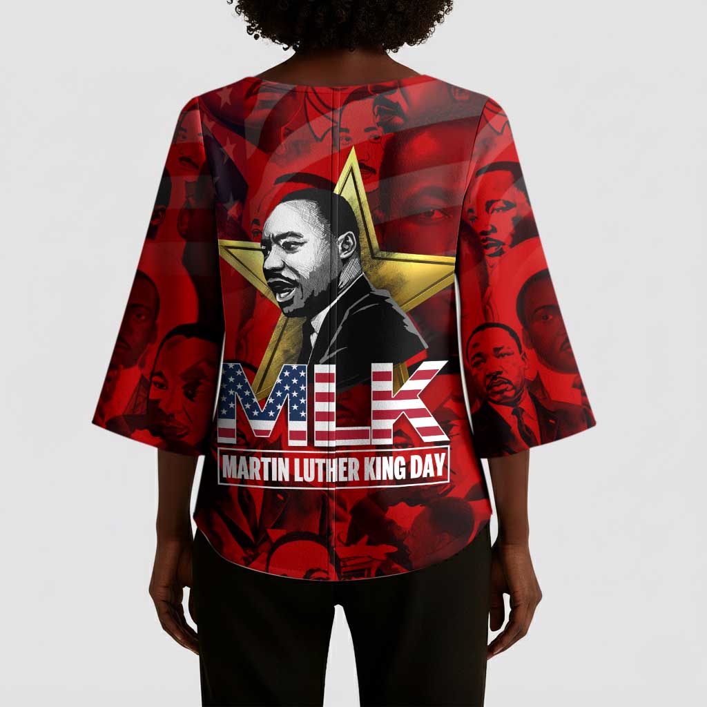 MLK Day Kimono Sleeve Blouse Martin Luther King Jr Tribute American Flag Lettering - African Pride
