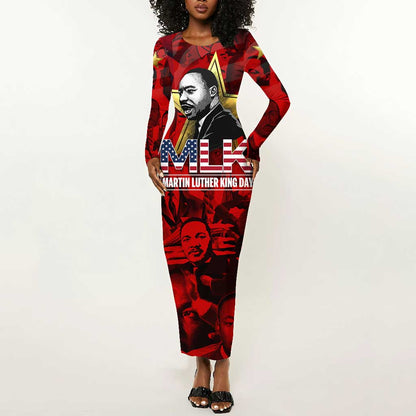 MLK Day Long Sleeve Bodycon Dress Martin Luther King Jr Tribute American Flag Lettering - African Pride