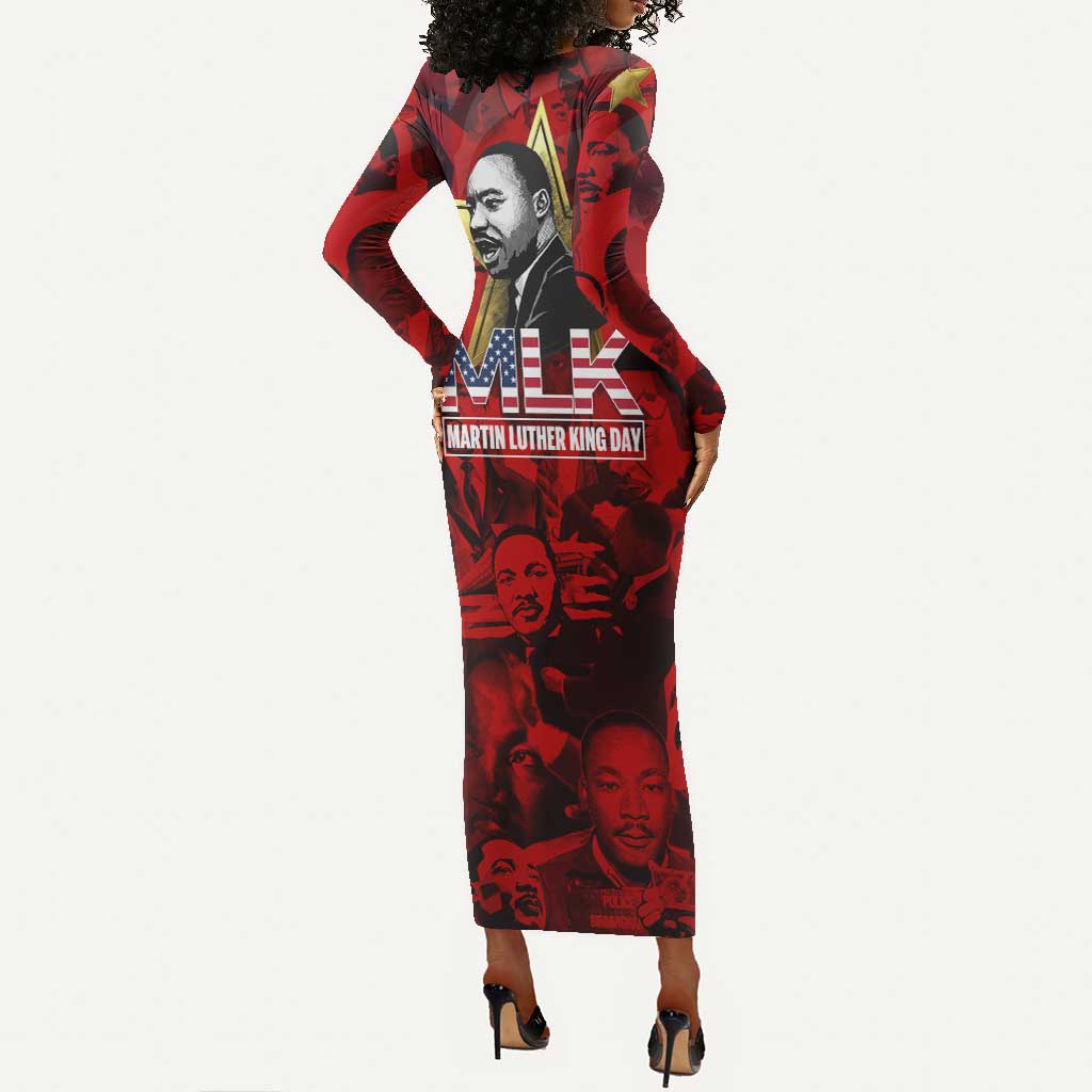 MLK Day Long Sleeve Bodycon Dress Martin Luther King Jr Tribute American Flag Lettering - African Pride