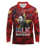 MLK Day Long Sleeve Polo Shirt Martin Luther King Jr Tribute American Flag Lettering - African Pride
