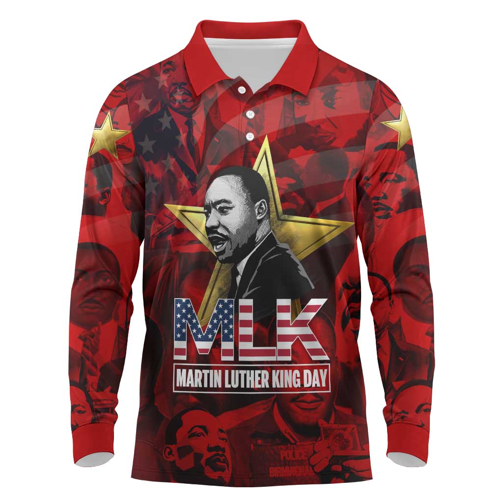 MLK Day Long Sleeve Polo Shirt Martin Luther King Jr Tribute American Flag Lettering - African Pride