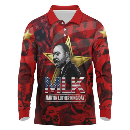 MLK Day Long Sleeve Polo Shirt Martin Luther King Jr Tribute American Flag Lettering - African Pride