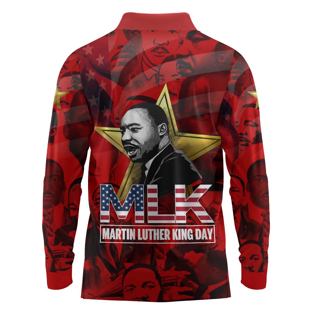 MLK Day Long Sleeve Polo Shirt Martin Luther King Jr Tribute American Flag Lettering - African Pride
