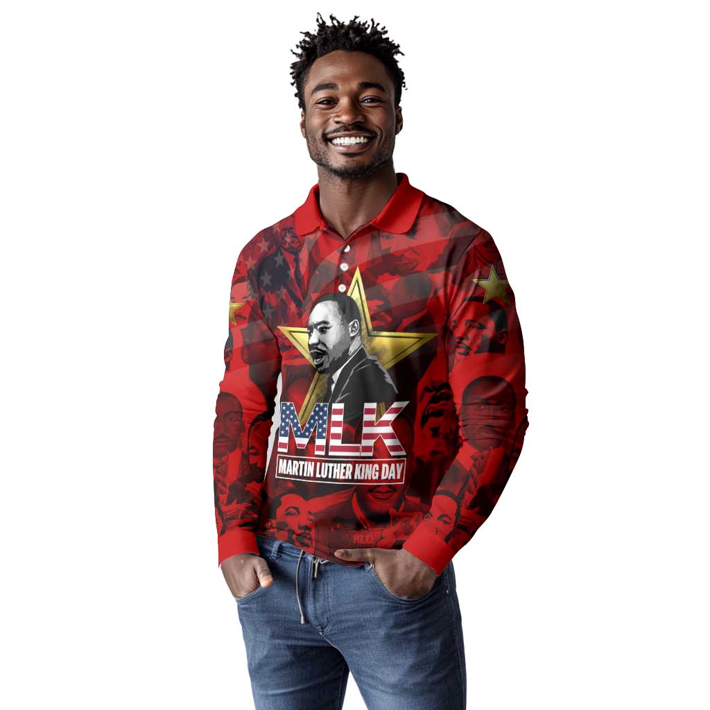 MLK Day Long Sleeve Polo Shirt Martin Luther King Jr Tribute American Flag Lettering - African Pride